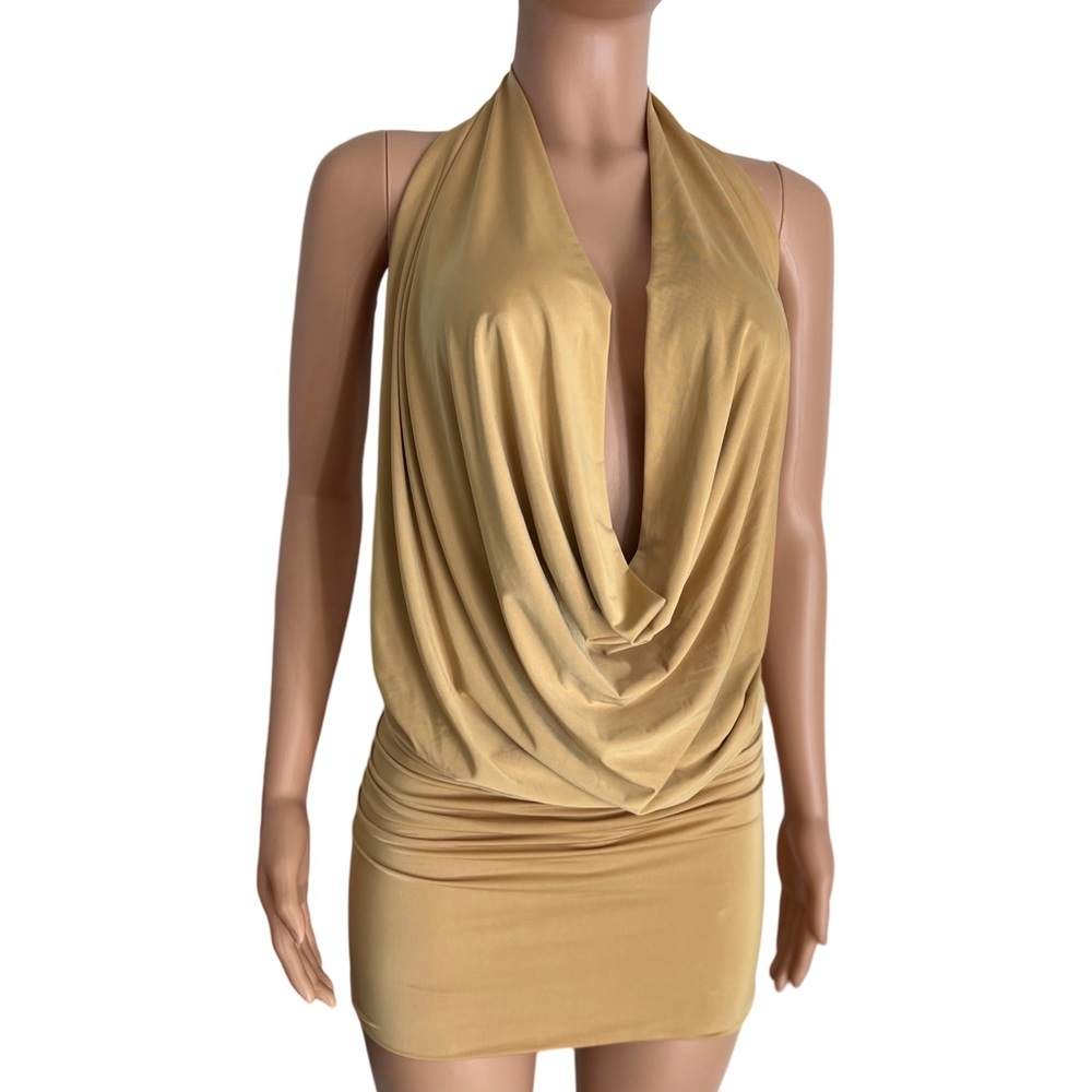Gold Backless Cowl Halter Dress - HandMade In USA